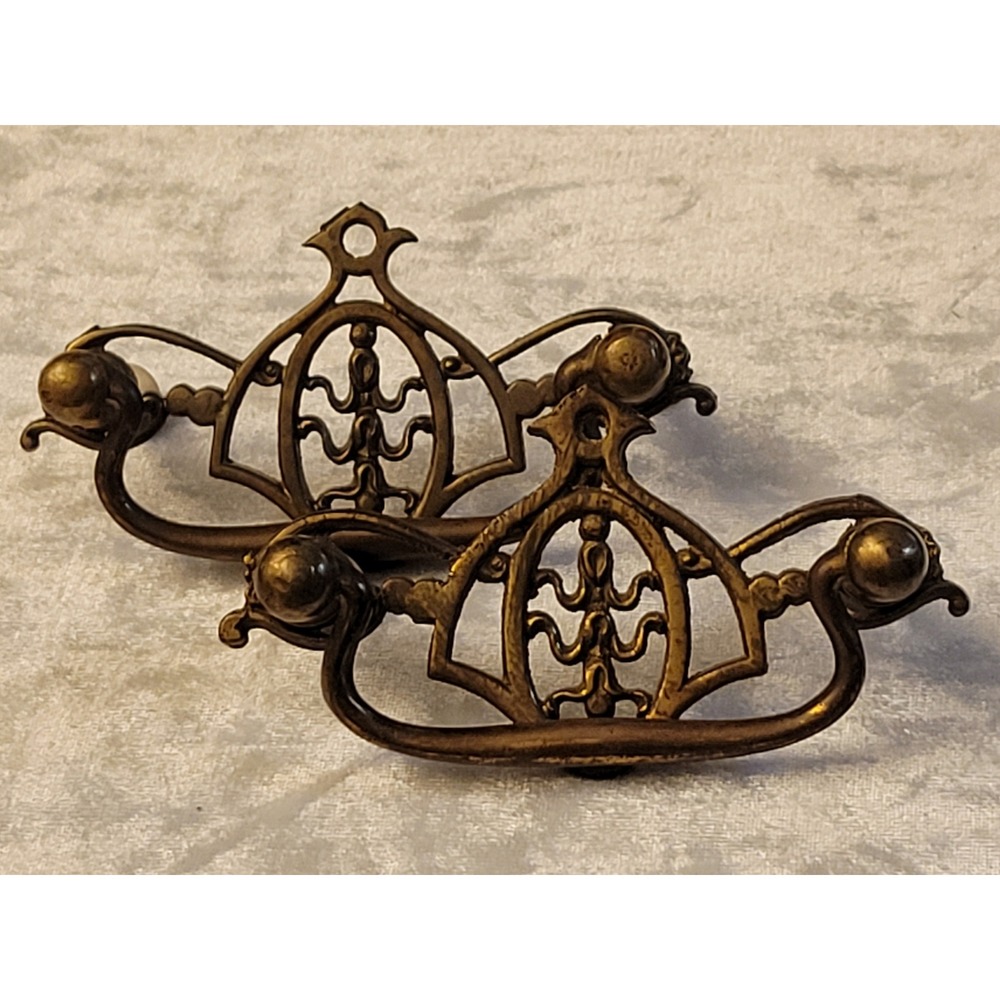 2 Vtg Brass Drawer Pulls Ornate Shield Backplate Drop Handle 3" posts insect bug